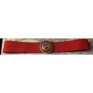 Vintage 1980's Elastic Stretch Belt - Nan Lewis RED  Gold Medllion  Buckle